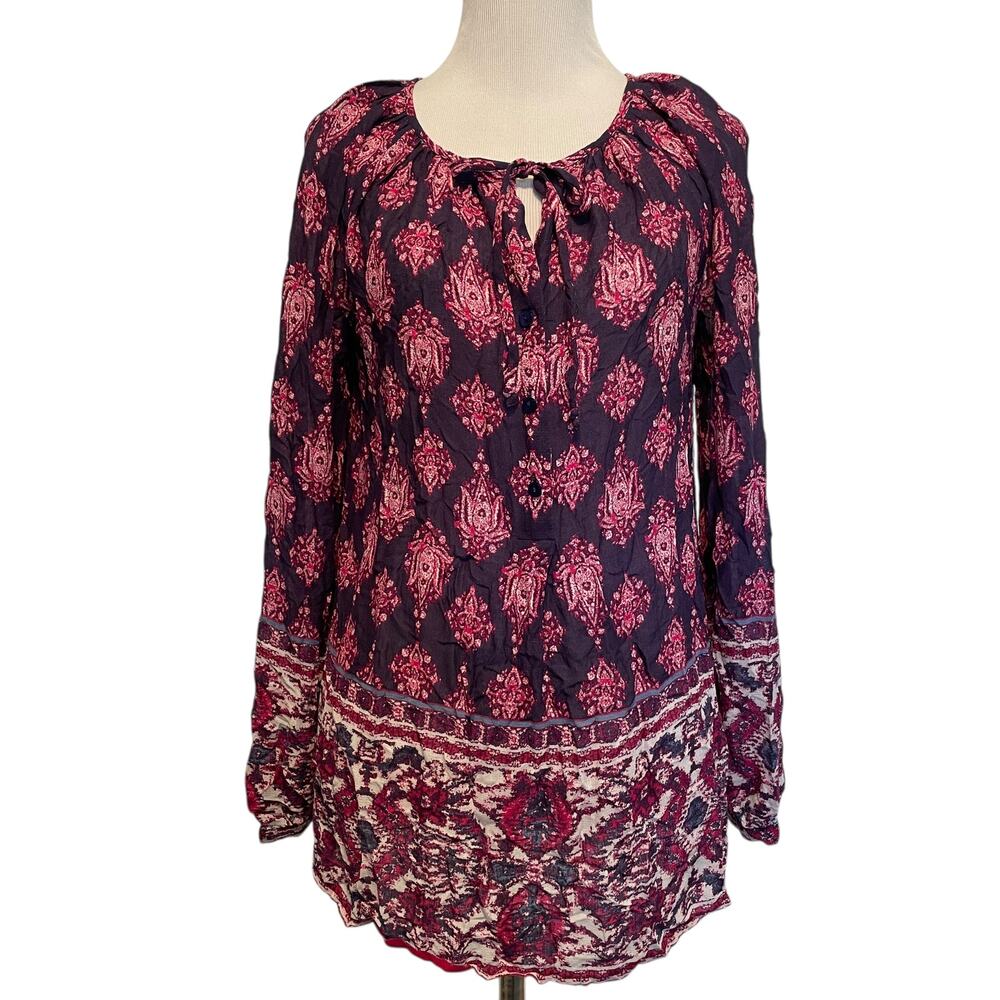 Lucky Brand Border Top Womens Small Purple Pink Paisley Boho Tie-Neck Blouse